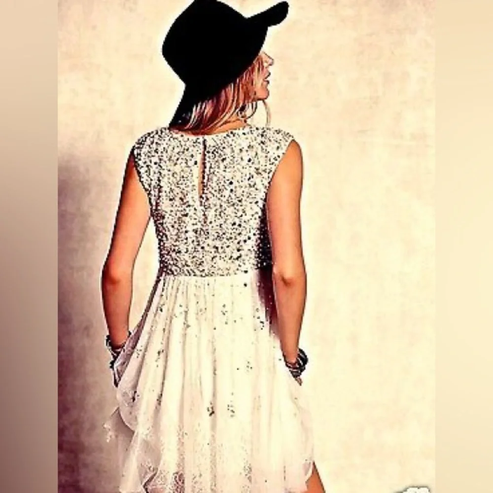 Free People Champagne Shine So Bright Dress Tulle Lace Beads Pearls Size 2 - Picture 10 of 10